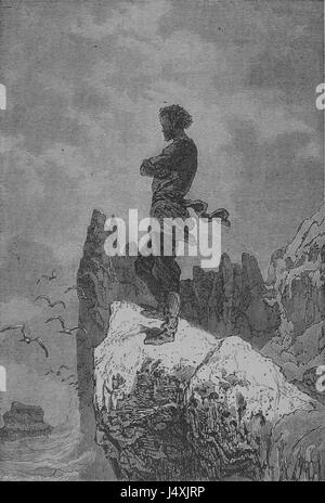 Der Titel bezieht sich auf „Vingt Mille Lieues Sous les Mers“ („zwanzigtausend Meilen unter dem Meer“) von Jules Verne. Dieses Bild könnte eine Darstellung aus einer Originalausgabe des Romans sein, in der die Themen Abenteuer und Erkundungen festgehalten werden. Stockfoto