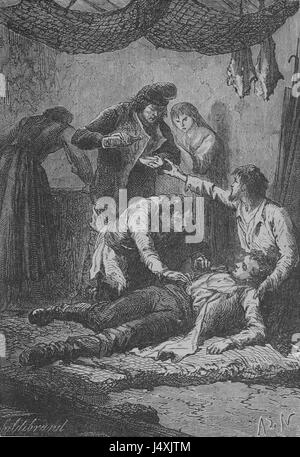 Dies bezieht sich auf eine Originalillustration oder Veröffentlichung von „Vingt Mille Lieues Sous Les Mers“ (zwanzigtausend Meilen unter dem Meer), wahrscheinlich aus einer französischen Ausgabe von Jules Vernes Roman. Sie stellt die literarische Illustration des frühen 20. Jahrhunderts dar. Stockfoto