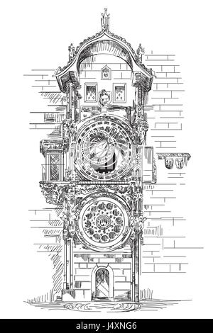 Astronomische Uhr in Prag, Tschechische Republik-Vektor-Hand Zeichnung Illustration in schwarzer Farbe auf weißem Hintergrund Stock Vektor