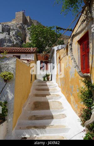 Plaka Viertel von Athen - Häuschen. Stadtteil Anafiotika, gebaut von Siedlern aus der ägäischen Insel Anafi Stockfoto