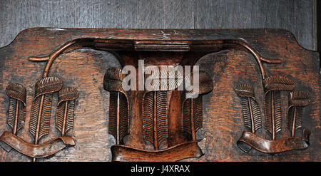 Miserikordie in der Pfarrei Kirche St. Laurence, Ludlow.  das persönliche Abzeichen von Edward of Woodstock, von den toten König von Böhmen bei Crécy erworben. Stockfoto