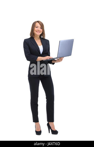 Schöne Geschäftsfrau hält den Laptop. Stockfoto