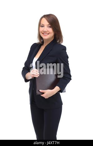 Porträt von glücklich lächelnde Geschäftsfrau mit braunen Ordner Stockfoto