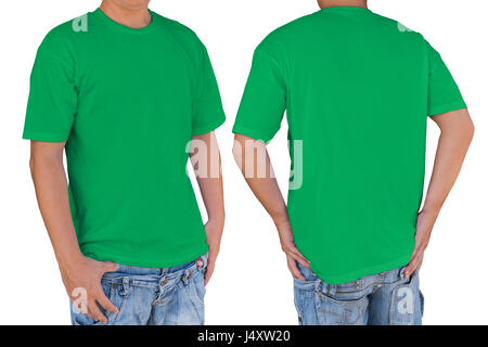 Mann mit leeren Shamrock Green T-shirt mit Beschneidungspfad, Vorder- und Rückansicht. Vorlage für einfügen Logo, Muster oder ein Kunstwerk. Stockfoto