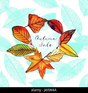 Herbst Sale Vektor und Aquarell Banner mit Blättern Stock Vektor
