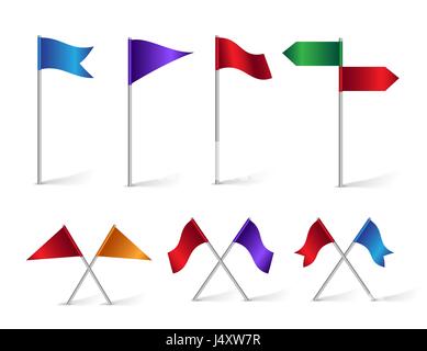 Bunte Vektor-Set von Standort und Ziel-Flaggen-Icons für Navigation und Karten. Vektor-Illustration isoliert. Stock Vektor