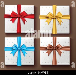 Vektor-Set von bunten Geschenkboxen mit Mustern und Seidenband und Bogen-Elemente und Dekoration für Valentinstag und Geburtstagsfeiern. Stock Vektor