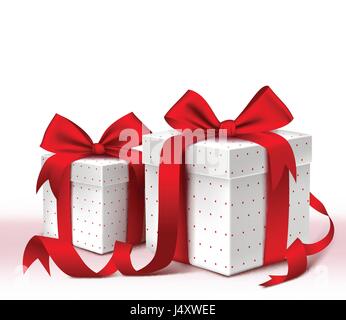 Bunte rote Geschenkbox mit Vektormuster und Satinband und Bogen für Valentinstag, Geburtstag, Weihnachten, Party und Jubiläum. Stock Vektor