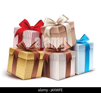 Bunte Reihe von Geschenk-Box mit Schleife und Bogen für Geburtstagsfeier, Weihnachten, Valentinstag, Party, Jubiläum und Eid Mubarak. Stock Vektor