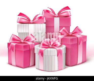 Vektor-Set bunte Muster Geschenke für Damen mit rosa Schleife für Weihnachten, Valentinstag, Party, Geburtstagsfeier, Jubiläum. Stock Vektor