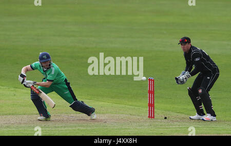 Irlands Niall O'Brien Fledermäuse als Neuseeland Wicketwächter sieht auf Glück Ronchi während der ein Tag International Tri Nations Series match bei Malahide Cricket Club Ground. Stockfoto