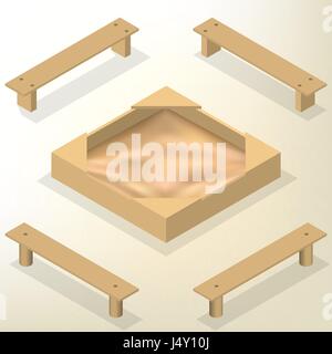 Sandkasten mit einer Reihe von Holzbänke isoliert auf weißem Hintergrund. Elemente der Gestaltung der Spielplätze und Parks. Flache isometrische 3D-Stil, Vektor-il Stock Vektor