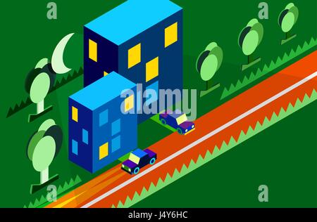 Isometrische Nacht Stadt-städtische Straßenansicht-Vektor-Illustration. Stadtlandschaft mit Mond leichte Autos Treets und Gebäuden. Stock Vektor