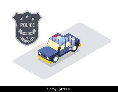 Polizei Abzeichen mit Polizeiauto in isometrische Ansicht-Sicherheit-Schutz-Konzept-Vektor-Illustration. Stock Vektor