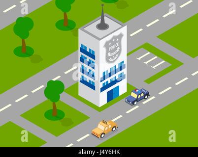 Polizei Büro Auto Outdoorpark Bäume modernen städtischen Parkplatz Landschaft isometrische Vektor-Illustration. Straßen grünen Park Bereich Police Department bauen. Stock Vektor