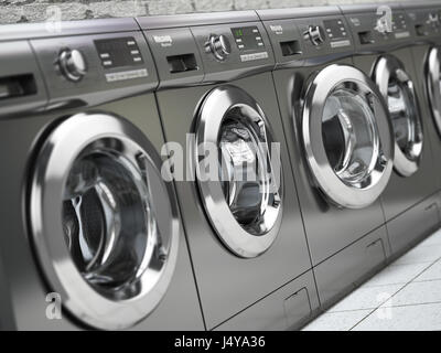 Reihe von Waschmaschinen in einem öffentlichen Waschsalon. 3D illustration Stockfoto