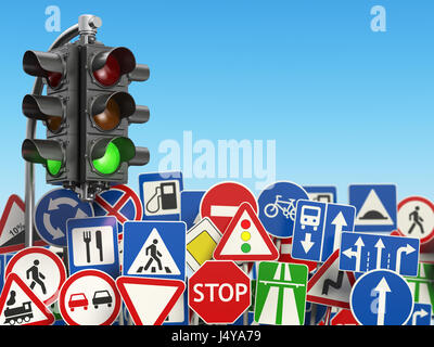 Verkehr Verkehrszeichen auf der Himmelshintergrund. 3D illustration Stockfoto