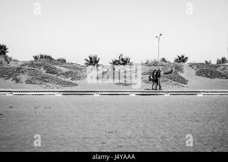 Flache Ansicht einen hölzernen Weg am Strand Stockfoto