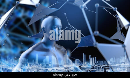 Machine learning-Systeme, genaue Gesichtserkennung biometrische Technologie und künstliche Intelligenz tief Lernkonzept. 3D Rendering des Mannes fac Stockfoto