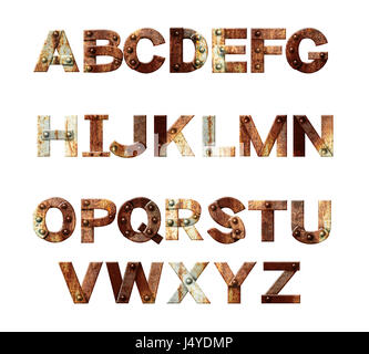 Alphabet - Buchstaben aus rostigen Metall mit Nieten. Isoliert auf weißem Hintergrund. 3D render Stockfoto