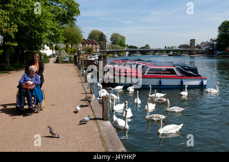 Älteren Menschen im Rollstuhl durch die Themse, Marlow, Buckinghamshire, England, UK Stockfoto