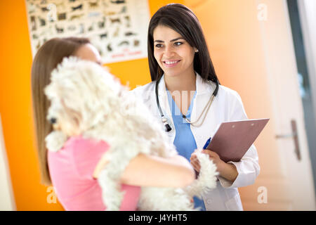 Schöne junge Tierarzt Beratung eine Mädchen über ihre Kranken Malteser Hund in der Tierklinik Stockfoto