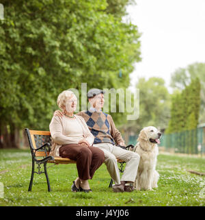 Ältere Paare mit einem Hund sitzen auf einer Bank in einem park Stockfoto