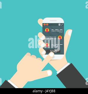 Hand Handy. social network Konzept. Messenger Fenster. Chatten, Leitung und Messaging Konzept. Vector Illustration. Stock Vektor