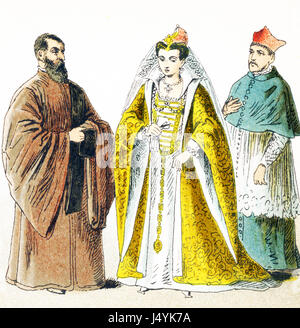 Die hier abgebildeten Figuren repräsentieren Italiener um 1500 n. Chr. Sie sind von links nach rechts: Prokurator von San Marco, Frau des Dogen, Kardinal im Haus Kleid. Die Abbildung stammt bis 1882. Stockfoto