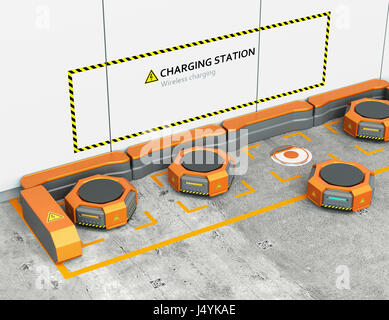 Lager-Roboter in der Ladestation aufladen. Fortgeschrittene Robotik Technologie Lagerkonzept. 3D-Rendering Bild. Stockfoto