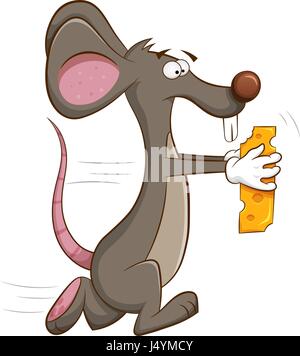 Maus rennt mit Käsestück in seinen Händen. Stock Vektor
