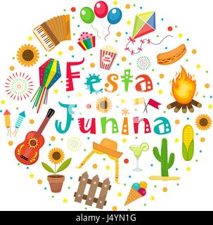 Festa Junina Set von Icons in eine Runde Form. Brasilianische Latin American Festival Sammlung von Design-Elemente mit traditionellen Symbolen. Vektor-Illustration. Stock Vektor