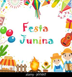 Festa Junina Rahmen mit Platz für Text. Brasilianische Latin American Festival leeren Vorlage für Ihr Design mit traditionellen Symbolen. Vektor-Illustration. Stock Vektor