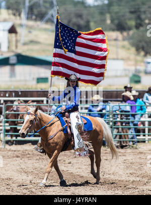 Drill Team Cowgirl reitet in die Arena an der Cottonwood-Rodeo in Kalifornien Stockfoto