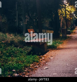 Eine Nacht im Park. Holz Bänke, Gasse, Spätromantik, einsam Stockfoto