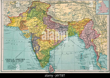 Indische Reich Karte mit Burma und Ceylon und Indien Stockfoto