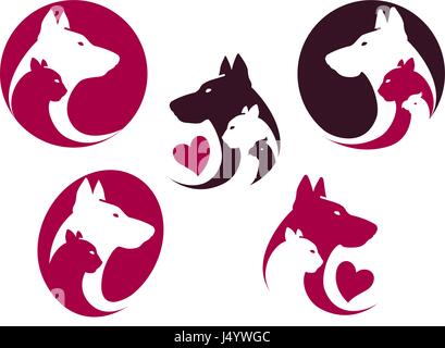 Tierhandlung, Satz zu kennzeichnen. Tiere, Katze, Hund, Papagei Symbol oder Logo. Vektor-illustration Stock Vektor