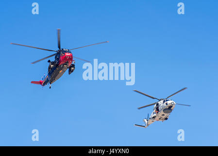 Westland Sea King MK48 SAR und NH90 NFH Caiman NATO Frigate Helicopter der belgischen Marine während des Fluges während Küsten-Suche und Rettung mission Stockfoto