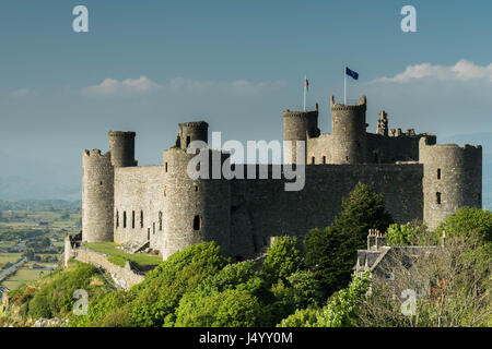 Harlech Castle im hellen Frühling Sonnenschein Stockfoto