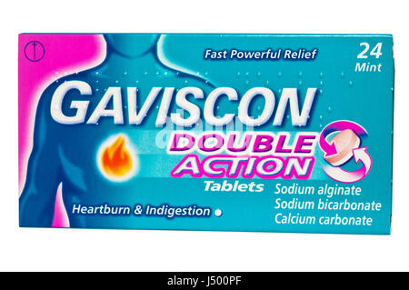 Schachtel mit Gaviscon Double Action Sodbrennen und Verdauungsstörungen Tabletten Stockfoto