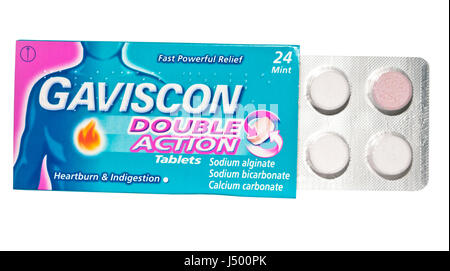 Schachtel mit Gaviscon Double Action Sodbrennen und Verdauungsstörungen Tabletten Stockfoto