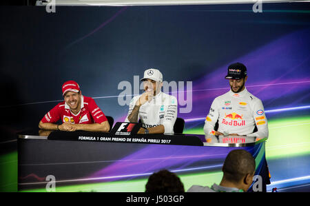 Barcelona, Spanien. 14 Mai 2017. Links, rechts, Sebastian Vettel, Fahrer des Teams Ferrari, Lewis Hamilton, Fahrer des Mercedes AMG F1 Team und Daniel Ricciardo, Fahrer von Red Bull Racing Team bei der Pressekonferenz am Sonntag Renntag, spanischen Grand Prix Formel 1 auf dem Circuit Catalunya. Bildnachweis: Pablo Guillen/Alamy Live-Nachrichten Stockfoto