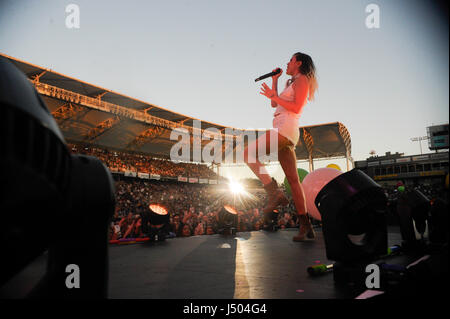 Sängerin Miley Cyrus erklingt in 2017 KIIS FM Wango Tango am StubHub Center am 13. Mai 2017 in Carson, Kalifornien. Stockfoto