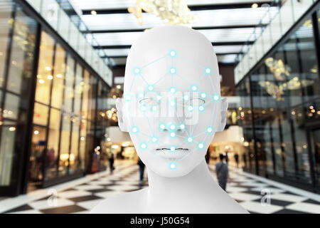 Machine learning-Systeme, genaue biometrische Gesichtserkennungstechnologie, künstliche Intelligenz-Konzept. 3D Rendering von Frau Gesicht und Punkte conn Stockfoto