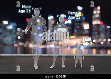 Machine learning-Systeme, genaue biometrische Gesichtserkennungstechnologie, künstliche Intelligenz-Konzept. 3D Rendering von Mann, Frau, baby Körper w Stockfoto