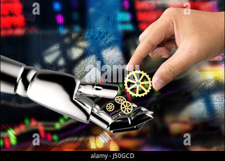 Cyber-Kommunikation, Roboter, Fintech und Robo-Berater Börse Finanzen Konzept. Mann-Finger 3D-Rendering Roboterhand mit Zahnrad festhalten eines Stockfoto