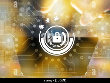 Cyber-Sicherheit-Netzwerk-Konzept. Hauptschlüssel virtuelle Netzwerke Grafik und Unschärfe Laptop anschließen mit Flare-Licht-Effekt Stockfoto