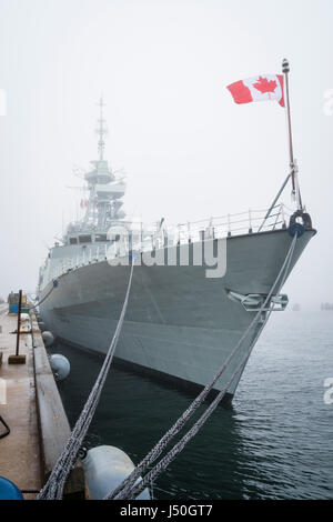 Königliche kanadische Marine Kriegsschiff HMCS MONTREAL an einem nebligen und regnerischen Tag in Halifax, Nova Scotia, Kanada. Stockfoto