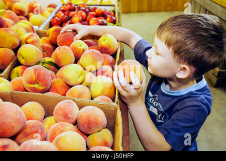 Alabama, Thomasville, lokal angebaute Produkte, Stand, Vitrine Verkauf, junge Jungen, männliche Kinder Kinder Kinder Youngster, Pfirsiche, Boxen, Display Verkauf Obst, Cho Stockfoto