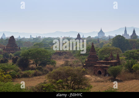 Malerische Aussicht auf zahlreiche Tempel und Pagoden in der alten Ebene von Bagan in Myanmar (Burma), aus dem Bulethi (Buledi)-Tempel angesehen. Stockfoto